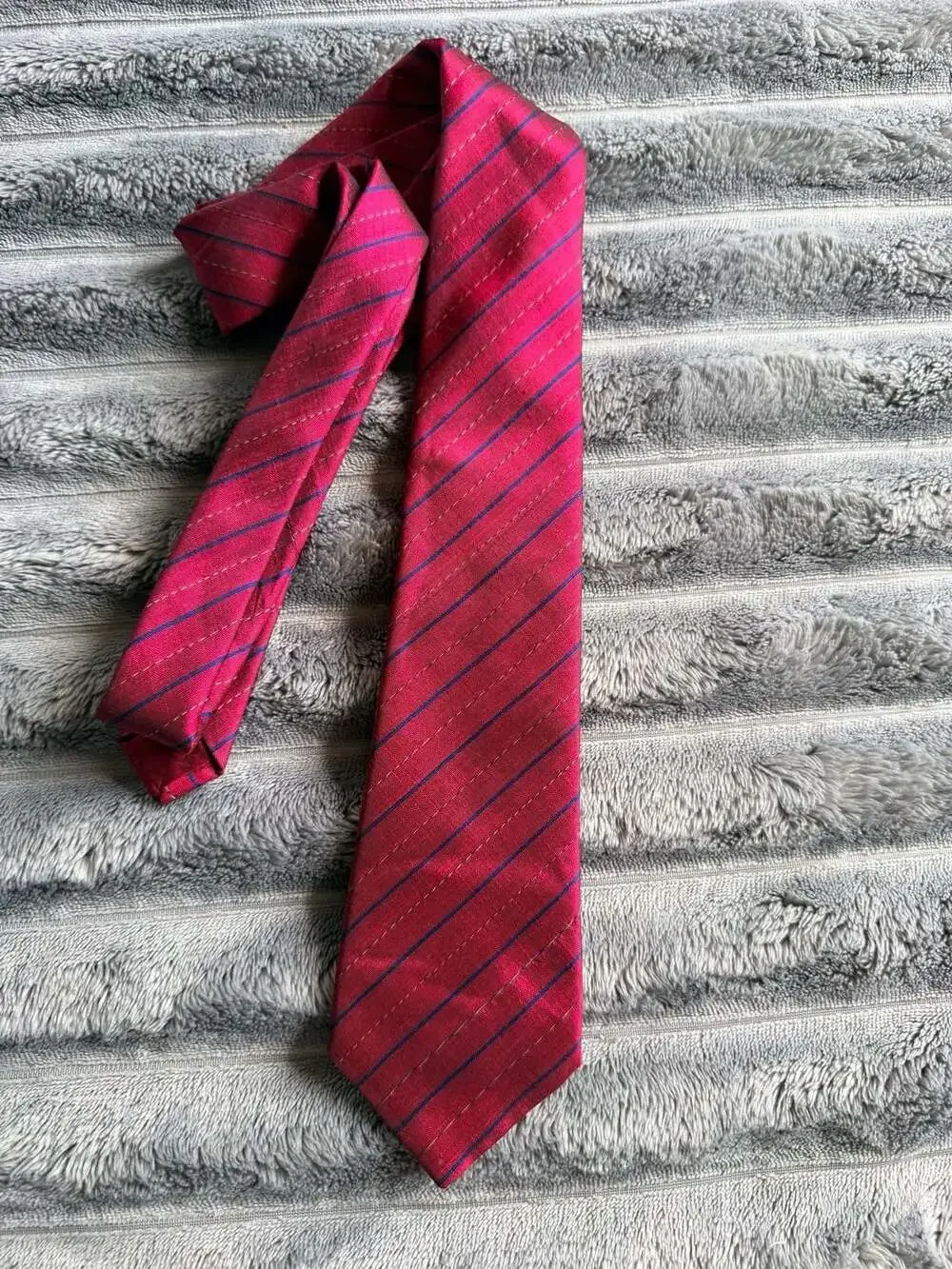 Mana Hand Made Red With Blue Stripes Thai Silk Necktie